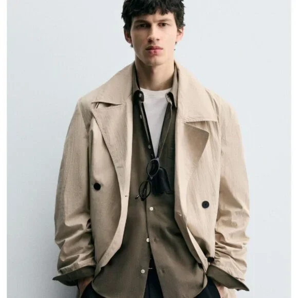 Zara Men's Oversized Fit Trench Coat Crinkle Tan Lightweight NWT S-M Size