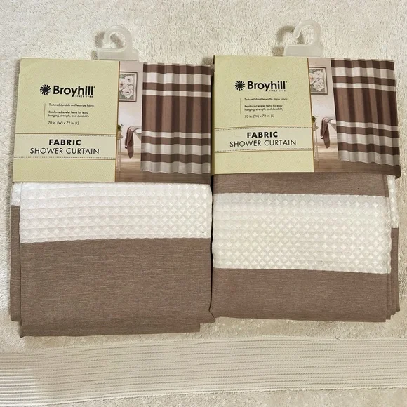 NWT! [Broyhill] Tan Cream Textured Durable Waffle Striped Shower Curtains 70x72