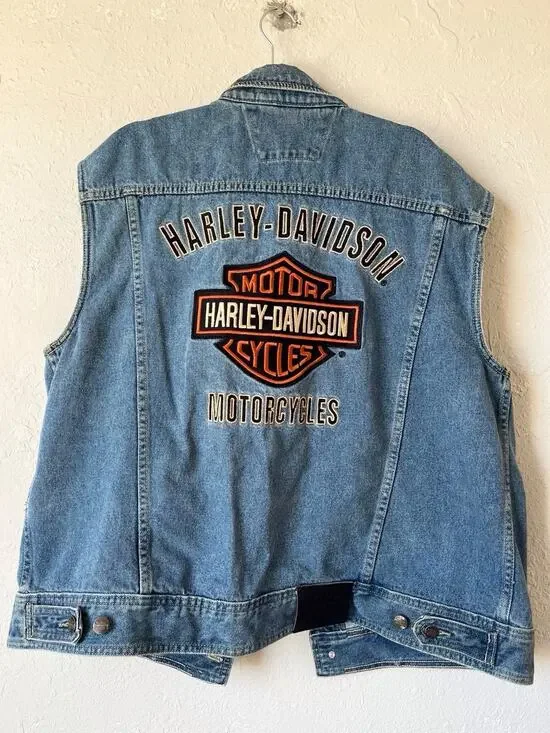 Harley Davidson Motorcycles Embroidered Denim Jean Vest Blue XL
