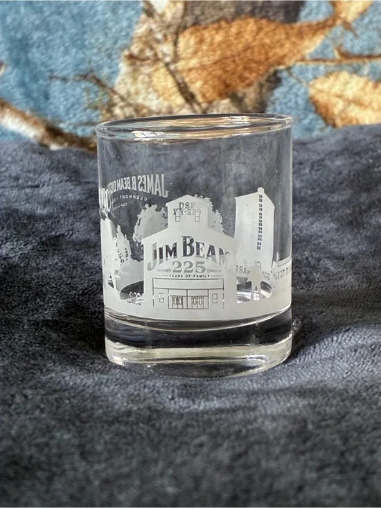 Jim Beam Clear Glass Shot Glass W/White design, Collector 225 Years W/Family
