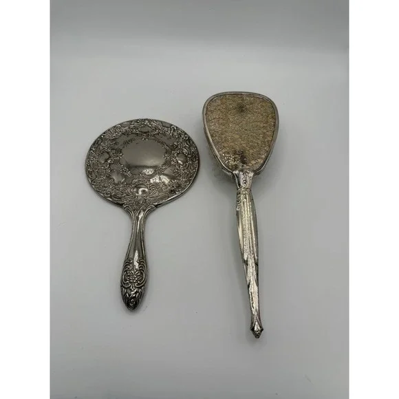 Vintage Silver Tone Repousse Hand Mirror and Brush Vanity Set Floral Lace Detail