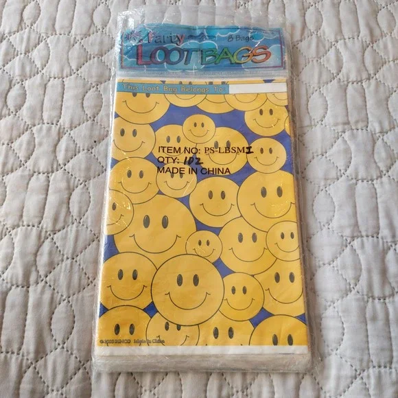 Vintage 2000 Rinco Smiley Face Party Loot Bags 8ct Y2K Retro Yellow Blue PSLBSMI
