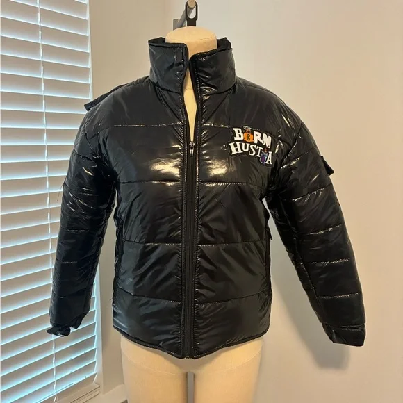 Born Hustla Black Shiny Puffer Coat
