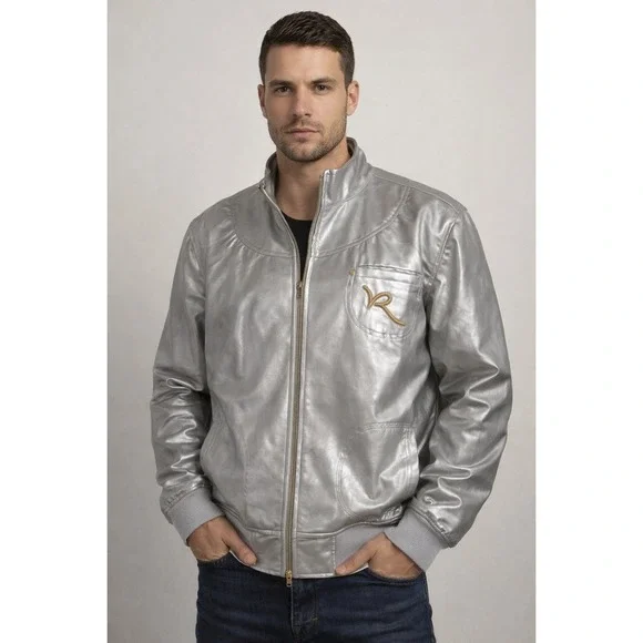 Rocawear Mens Metallic Silver Faux Leather Bomber Jacket Gold Logo 2X Streetwear