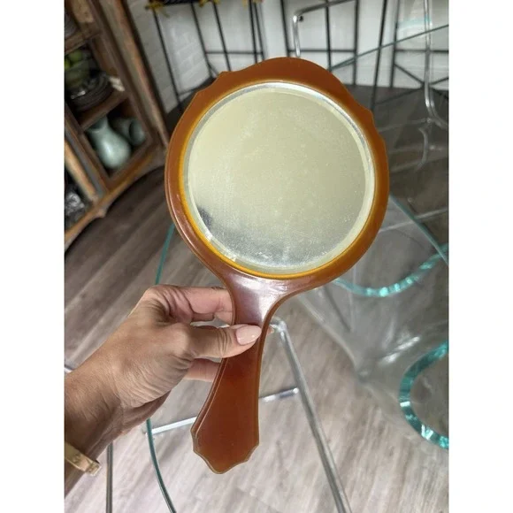Vintage Amber Orange Bakelite Lucite Acrylic Handheld Mirror