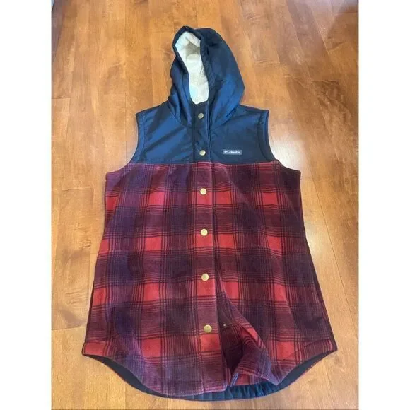Men’s Columbia Hooded Fleece-Lined Plaid Vest – Size Large
