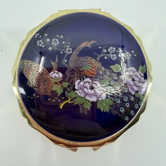 Vintage‎ Japanese Satsuma Style Peacock Porcelain Makeup Powder Compact Mirror