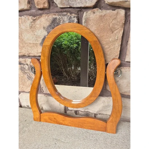 Vintage Oval Wood Vanity Mirror Tilt Adjustable‎ Dresser Farmhouse Decor