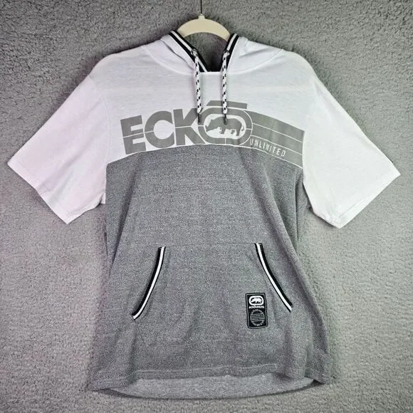 Ecko Unltd Short Sleeve Hoodie Medium Gray White Streetwear Pullover Colorblock