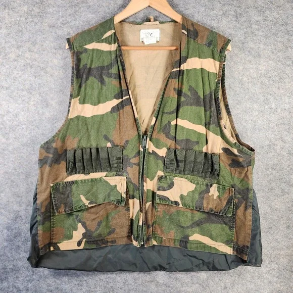 VTG Duck Bay Men XL Camo Hunting‎ Vest Woodland Camouflage Shell Loop Game Bag