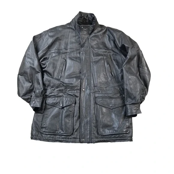 VTG John Ashford Men's Leather Coat Fully Lined High‎ Collar zip Snap Size XL