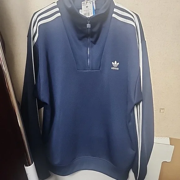 Men's Adidas Size M Funnelneck Track  Pullover Jacket Trefoil Logo NAVY BLUE NWT
