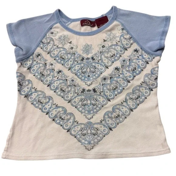 Jordache Girls 7 8 Vintage Y2K White Blue‎ Paisley Print Raglan Sleeve Womens XS