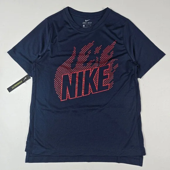 Nike Dri-FIT T-Shirt Kids Medium Navy Blue Red Graphic Logo Performance Tee