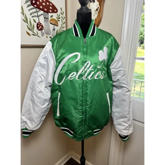 NBA Boston Celtics Reversible Varsity Bomber Jacket Green Black Embroidered Mens