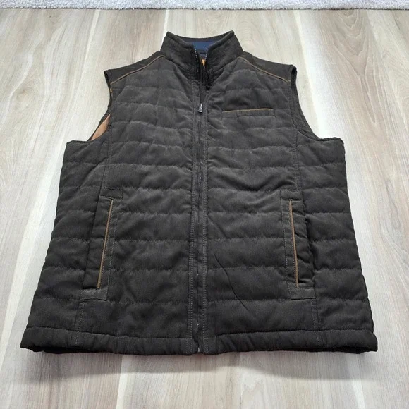 Enzo Tovare Quilted Puffer Vest Brown Faux Suede Full Zip Lined Mens Large Brown