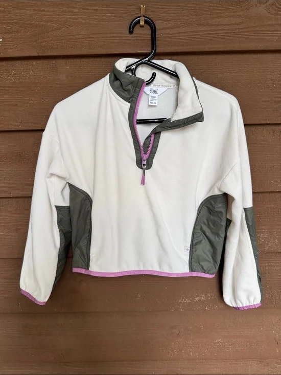 Athleta Girl Cream Fleece Half-Zip with Olive Panels and Pink Trim size Medium