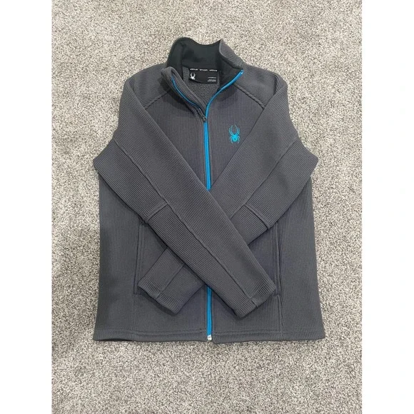 Spyder Mens Full Zip Sweater Jacket Gray Blue Fleece Lined Textured Knit Medium