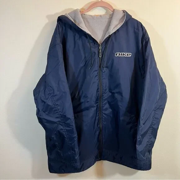 Vintage Nike Men's Navy Blue Fleece Lined Jacket Large Gray Tag