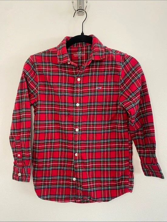 Vineyard Vines Boy's Red Green Plaid Flannel Holiday Button-Up Shirt Small 8-10