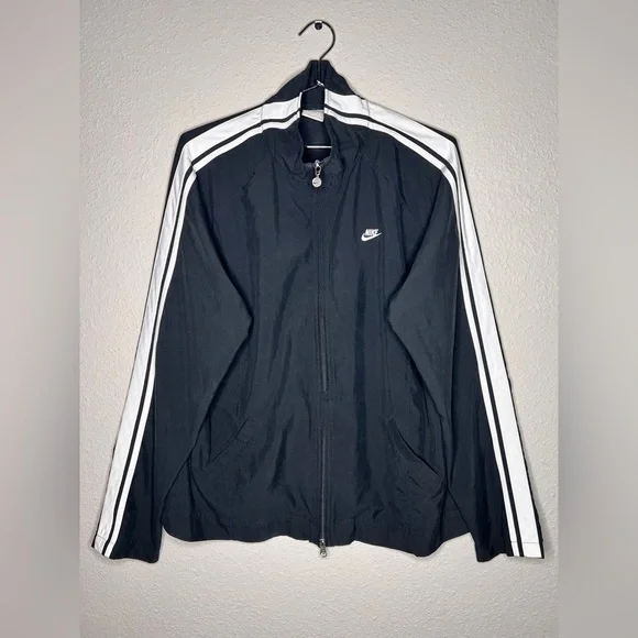 Nike Men's Black Windbreaker with White Stripes