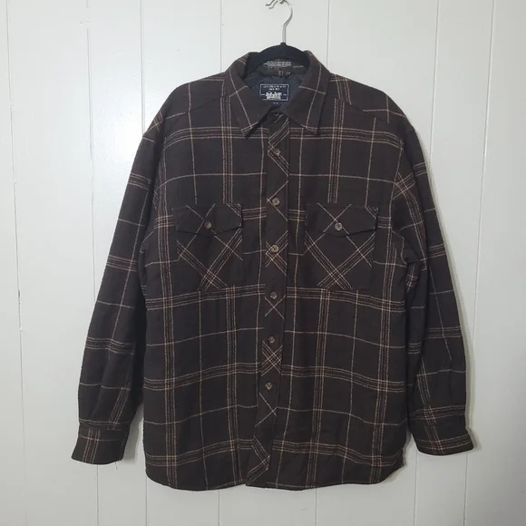 Levi Strauss &Co Mens Flannel Shirt Jacket Brown Plaid Quilt Lining Size M