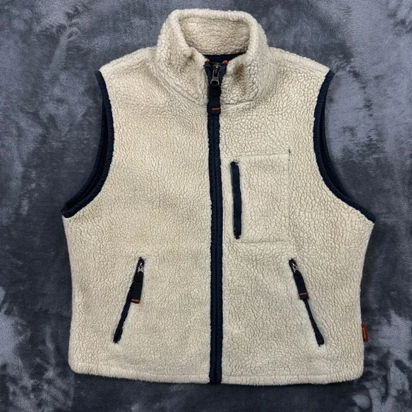 Abercrombie Sherpa Fleece Vest Mens Medium Cream Navy Full Zip Pockets 7642