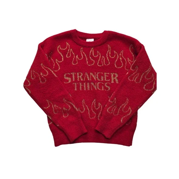 Netflix Stranger Things Flame Metallic Knit Sweater Red Gold Kids Medium 7/8