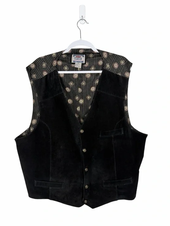 Vintage New Terrain Leather Vest 3X Black Western Biker Cowboy Button Front Silk