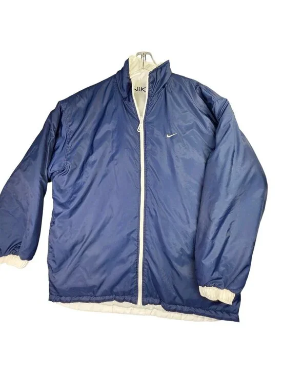 Vintage 90s Nike Reversible Jacket Mens XL Blue White Swoosh Puffer Windbreaker