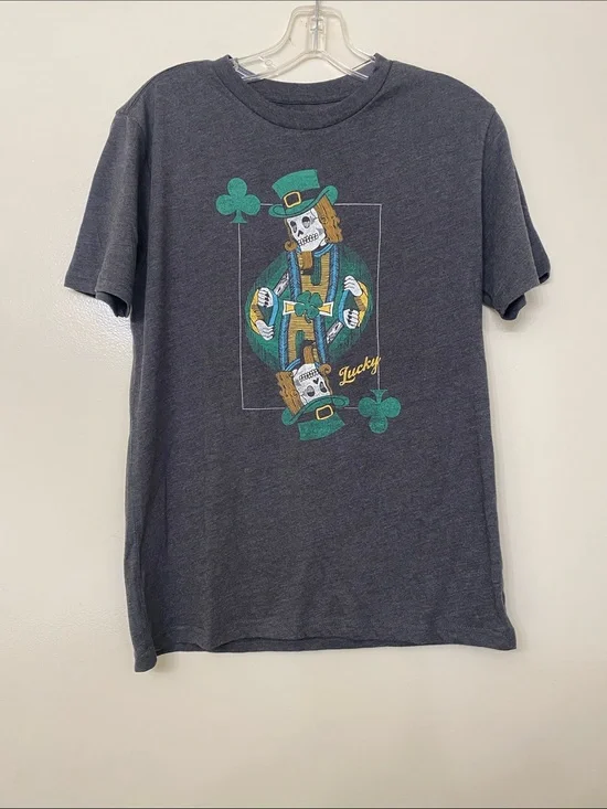Lucky Brand Charcoal Tee with Skeleton Leprechaun Graphic
