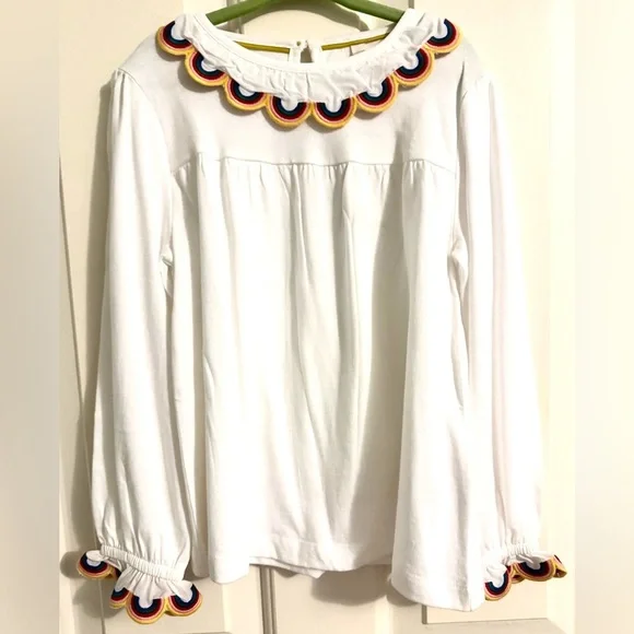 Mini Boden White Long Sleeve Tee with Multicolor Scallop Trim