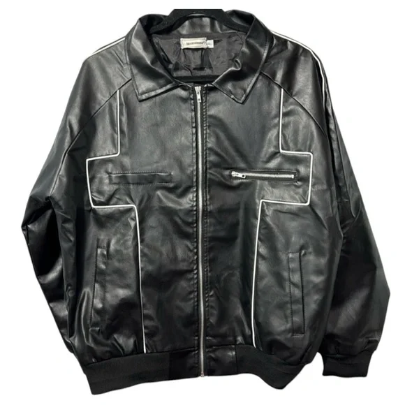 Jiechaofang Black with White Piping Faux Leather Jacket in Size‎ XL
