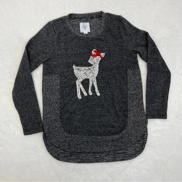 Colortre Girls Sweater Sequin Rain Deer. Gray Red. Size M 10/12. #575