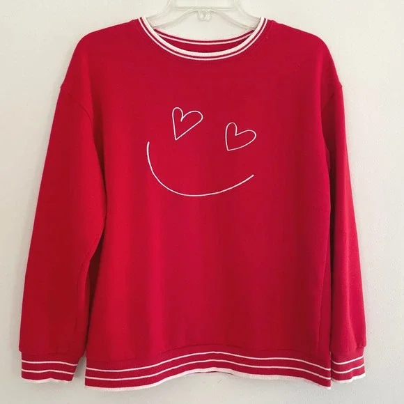 Cat & Jack‎ Red Heart Eye Smiley Face Sweatshirt XL 14 Varsity Stripe Pullover