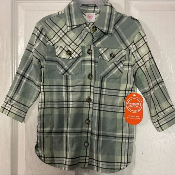 🔴 3/$12 Wonder Nation Green and Black Plaid Button Down Shirt! NWT! Size‎ 2t
