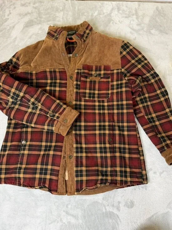 FASHION Jacket Mens 56 Red Plaid Sherpa Lined Corduroy Trim Military Coat Warm