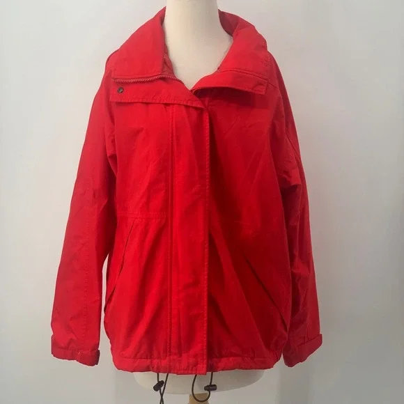 Lands'‎ End Women's Zip/Snap Front Rain Jacket Red Squall Parka Hooded Size L