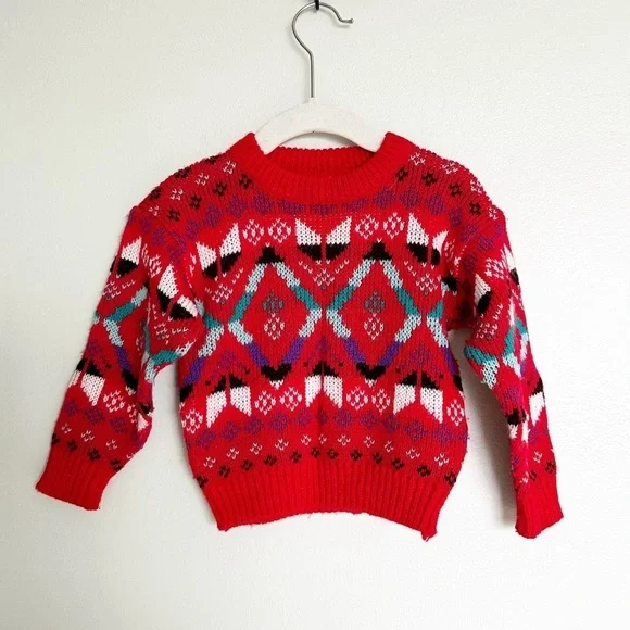 Vintage Chunky Knit Red Acrylic Crewneck Grandpa Sweater