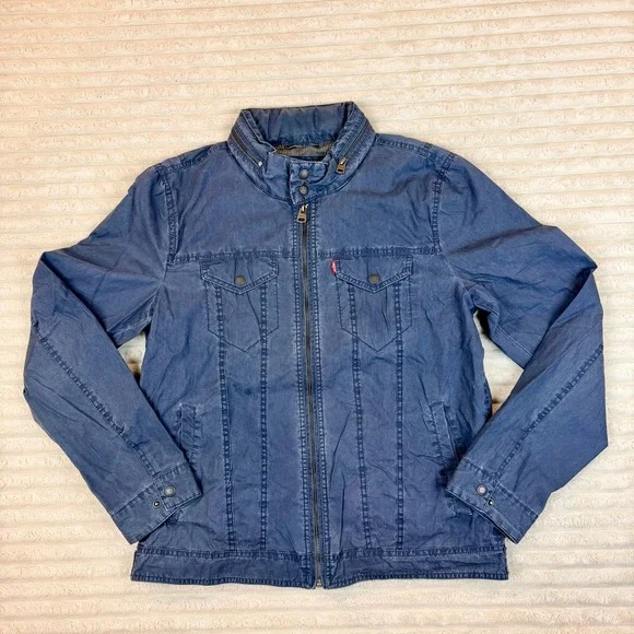 Levis Mens Field Jacket Blue Cotton Nylon Blend Full Zip Utility Coat Size M