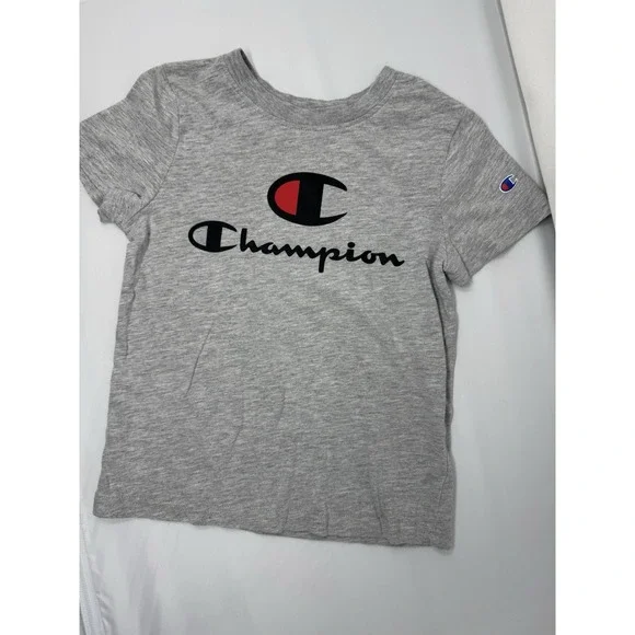 Champion Shirt Kids 6/7 Gray  Spellout Classic Logo Crew Neck‎ Short Sleeve