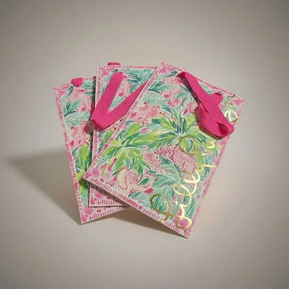 Lilly Pulitzer Gift Bags Set of 3‎ Seahorse Palm Print Gold Foil Pink Ribbon SM