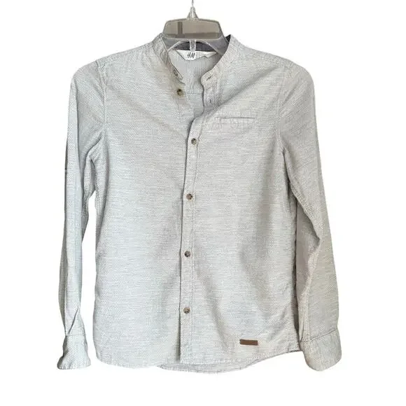 H&M Boys Gray Blue Mock Neck Lightweight Woven Button Down Shirt Size 10 Casual