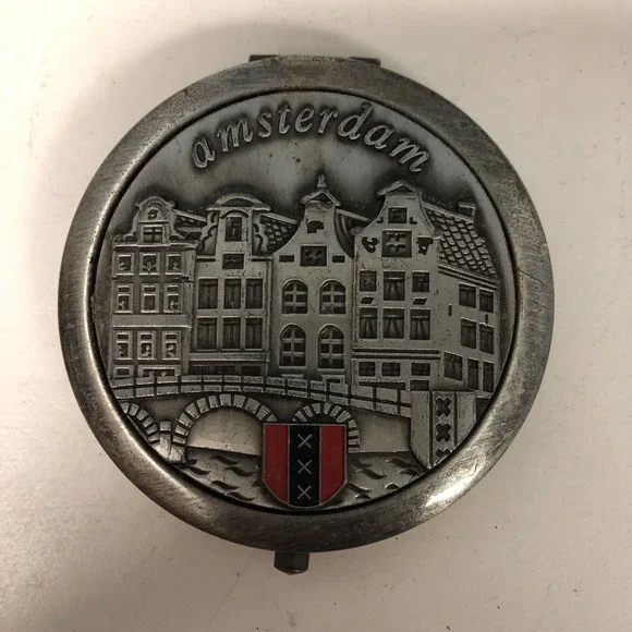Vtg Silver‎ Amsterdam Collectible Compact Mirror Purse Handbag Architecture