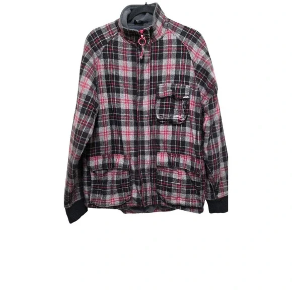 Kavu Men's Plaid Skater Utility Jacket Fleece Lining Black/Gray/Red Size Medium