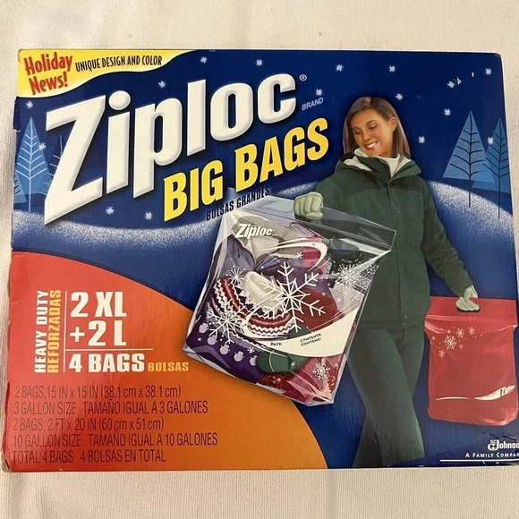 Vintage Ziploc Holiday Big Bags 2 XL Snowflake & 2 L  Red Snowflakes‎ New