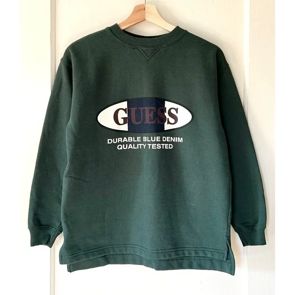 Vintage Guess Logo Cotton Fleece Crewneck Pullover Sweatshirt Green Boys L Retro