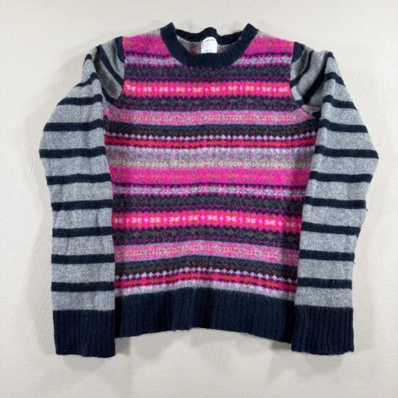 Crewcuts J‎ Crew Kids Fair Isle Striped Wool Sweater Pink Grey Fits 7/8