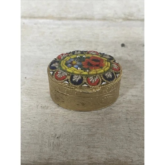 VTG  Italian Micro Mosaic Floral Brass Pill Box - Marked 