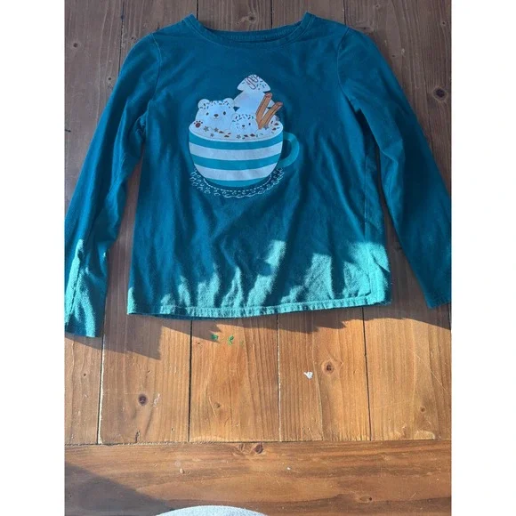 Cat Jack Long Sleeve Shirt Kids L 10-12 Teal Hot Cocoa Polar‎ Bear Graphic Tee